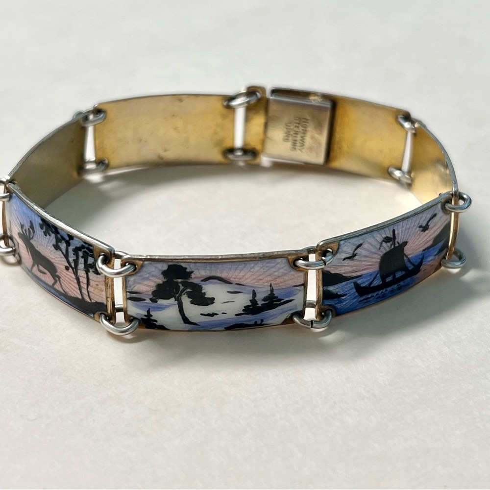 Norway Kristiansen Sterling Silver Enamel Panel Bracelet - Bear Ship‎ Deer Sea